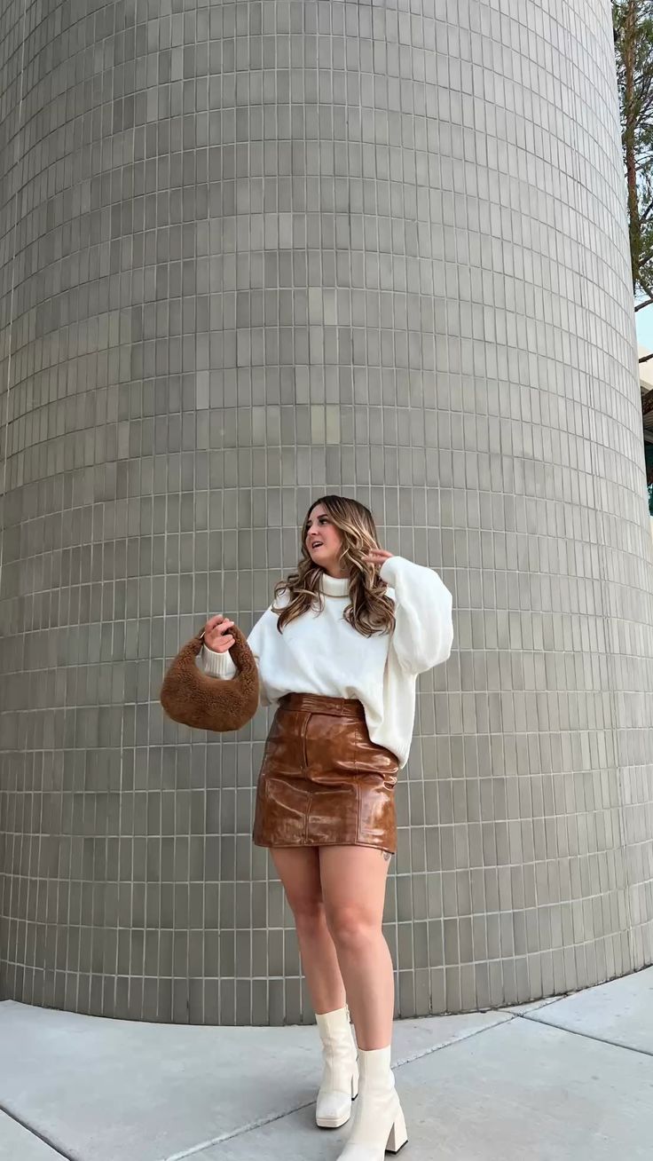 White Oversized Sweater with Brown Mini Skirt 